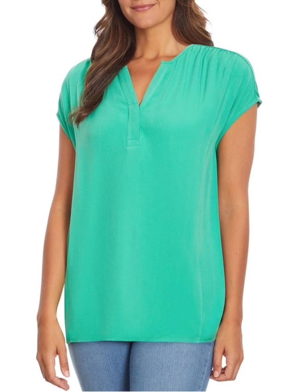 💚 Nine West • Green V-Neck Popover Blouse